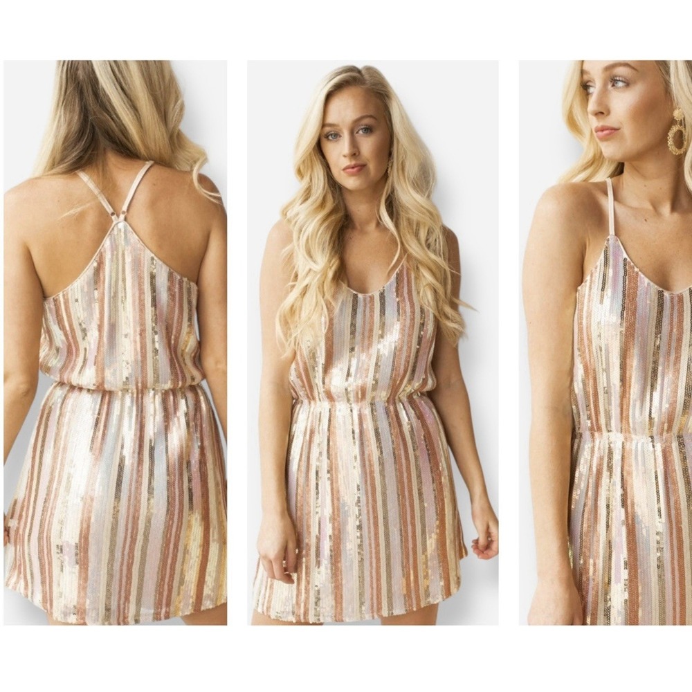 Fate Mini Dress Sequin Cotton Racerback Womens Small Pink Gold Silver Striped
